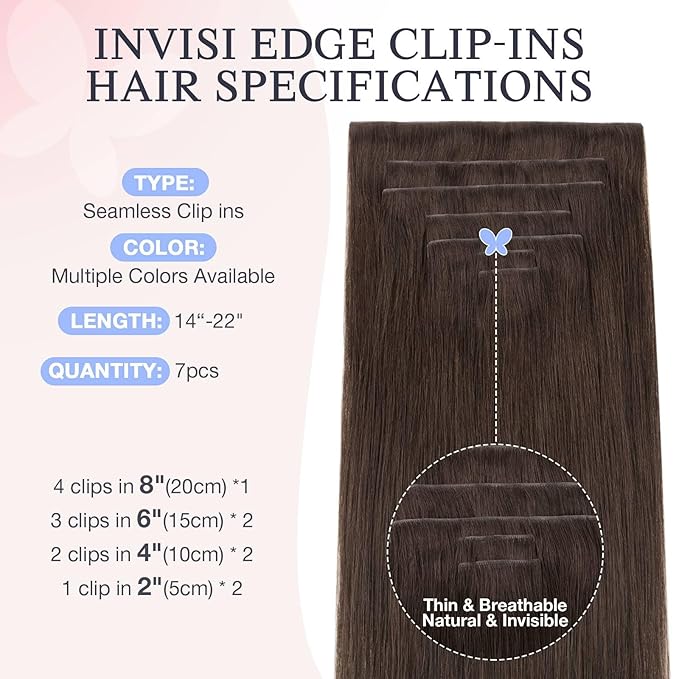 DOORES Clip in Hair Extensions Real Human Hair 18 inch 120g 7pcs Invisible Human Hair Extensions Clip ins, Injected Seamless PU Clipins Virgin Invisi Edge Natural Straight, 4A Chocolate Brown