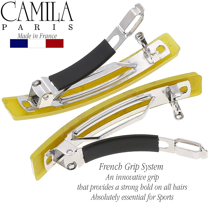 Camila Paris CP3043 French Hair Barrette Clip for Girls, Set of 2 Yellow Rubberized Metal Clasp Strong Hold Grip Hair Clips for Women, No Slip Durable Styling Girls Hair Accessories, Made in France