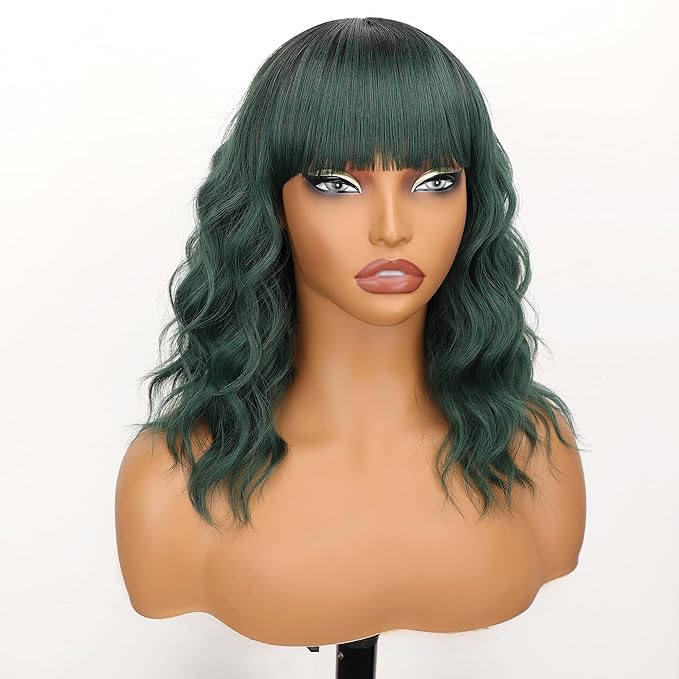 Nnzes Ombre Green Wigs with Bangs for Women Short Bob Synthetic Wigs Shoulder Length Wavy Heat Resistant Hair for Daily Party Use