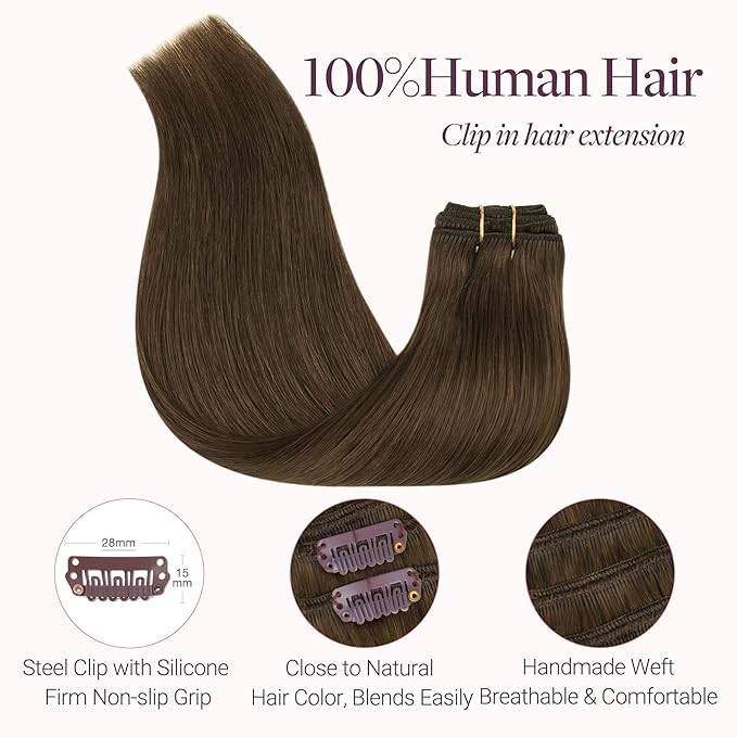 GOO GOO Clip in Hair Extensions Real Human Hair, Remy Human Hair Extensions Clip ins for Women, Natural Human Hair, 14inch 120g 7 Pcs, #4H Light Chocolate Brown