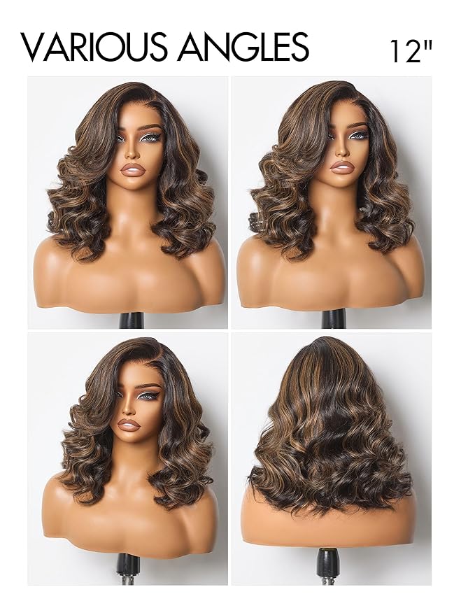 LUVME HAIR 100% Human Hair Wigs Loose Wave Glueless Lace Front 14 Inches, Pre Cut Plucked Hd Lace Short Wig Ready To Go Highlight Color Straight Bleached Knots Side Part Wigs