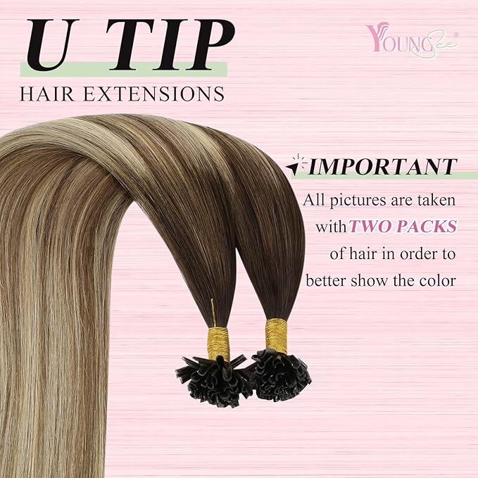 YoungSee Utip Hair Extensions Balayage U Tip Hair Extensions Remy Human Hair Brown Balayage Blonde Straight 18In 50s/50g