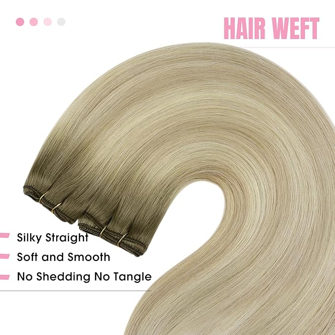 YoungSee Human Hair Sew in Extensions Blonde Ombre Hair Extensions Weft Sew in Hair Extensions Real Human Hair Ash Blonde Ombre Platinum Blond Long Straight Hair 22inch 100g