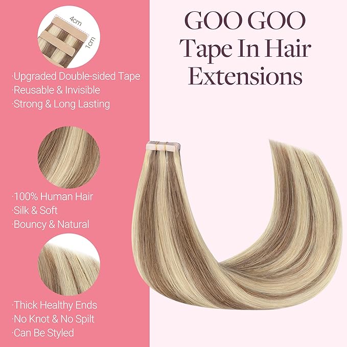 GOO GOO Tape in Hair Extensions Human Hair, 8B/60B Golden Blonde Highlights, 18inch 50g 20pcs, Skin Weft Seamless Invisible, Silky Straight with Thick Ends, Remy Human Hair