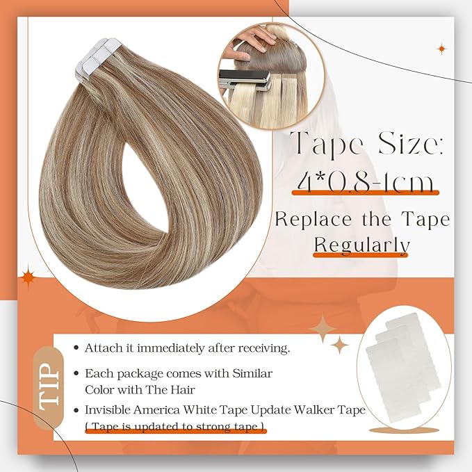 Full Shine Tape in Extensions Invisible 16 Inch Tape in Hair Extensions Human Hair Double Sided Tapes Hair 10P613 Golden Brown Highlighted Bleach Blonde Glue in Hair Extensions 50Gram 20pcs Add Volume