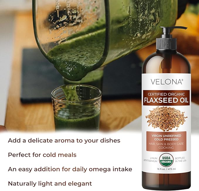 velona USDA Certified Organic Flaxseed Oil - 16 Fl Oz | 100% Pure and Natural Carrier Oil | Unrefined, Cold Pressed |Body, Face & Skin Care | Use Today - Enjoy Results…