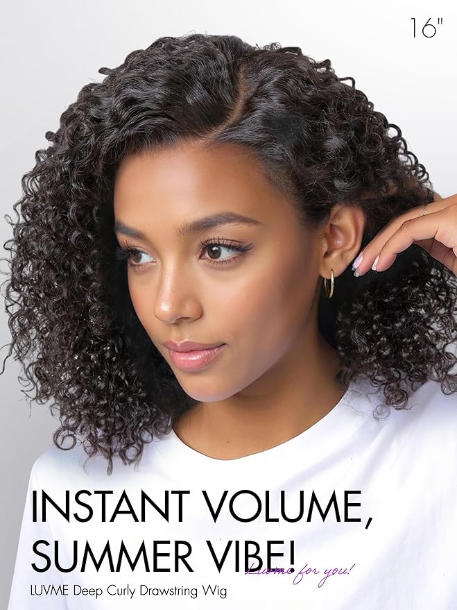 LUVME HAIR 100% Real Human Hair Wig Lace Frontal Deep Curly 20 inches Drawstring Cap Glueless HD Lace Wigs Human Hair Pre Plucked Pre Cut, Curly Wig Human Hair Ready to Go Wig
