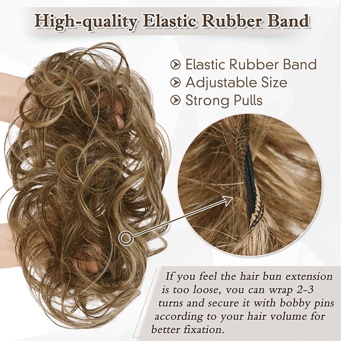 RUWISS Large Messy Bun Hair Piece 100% Human Hair Layered Wavy Curly Hair Buns Hair Piece for Women Thick Updo Hairpiece for Daily Wear Real Hair Scrunchies Medium Brown Ponytail Extension