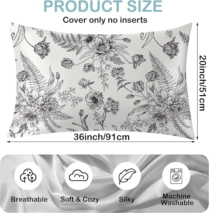 Satin Pillowcase 1 Pack-Black and White Peony Tulips Vintage Floral Silky Pillow Cover for Hair and Skin,King Size 20x36 Inch Soft Cooling Printed Pillow Cases with Hidden Zipper,Gifts for Women Men