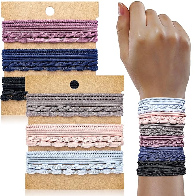 Boho Hair Ties Set, 24 Pcs Hair Tie Bracelet for Girls and Women, Soft Nylon Cotton Hair Ties, Hair Bands for Ponytails, Daily Life, Sport, Cooking, Working