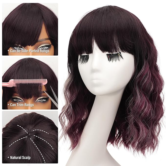 Nnzes Short Wavy Bob Wig with Bangs for Women Shoulder Length Curly Ombre Red Burgundy Highlight Synthetic Heat-Resistant Fiber Hair for Daily & Party Use