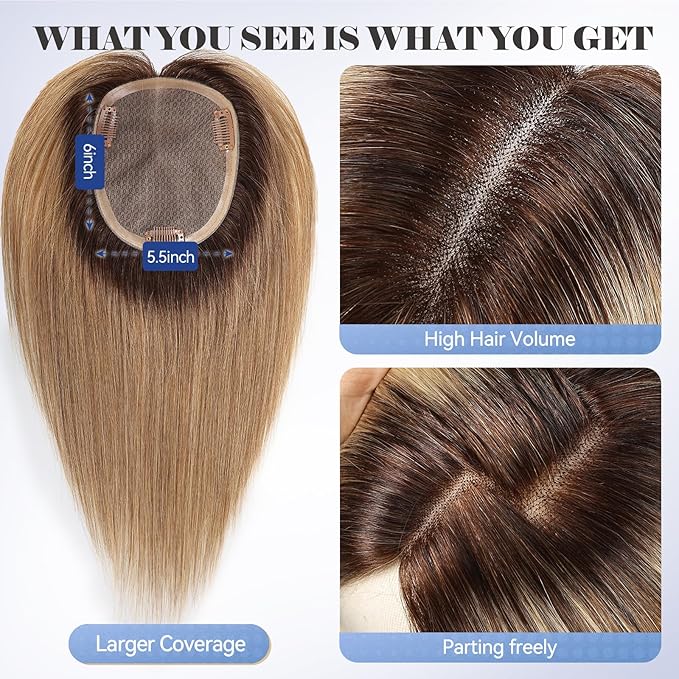 HAIRCUBE Hair Toppers for Women 100% Real Human Hair,Ombre Ash Blonde,6"*5.5"MONO Large Base,65g Hand-moven Real Human HairToppers for Women with ThinningHair