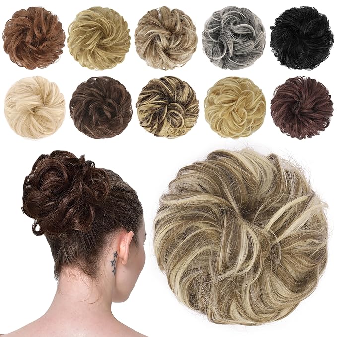 FESHFEN Messy Bun Hair Piece - Elastic Wavy Curly Hair Bun Scrunchies Extensions Synthetic Chignon Hairpieces for Women, Brunette & Blonde 1.5 oz