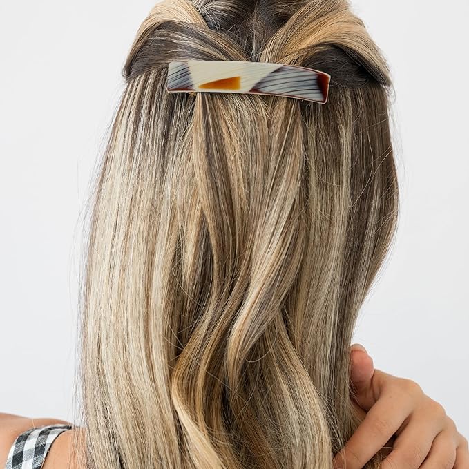 Brown & White Hair Barrette for Thin Hair, Classic Rectangle French Barrette for Women, Lightweight and Comfortable, Strong Hold, Natural Horn | France Luxe