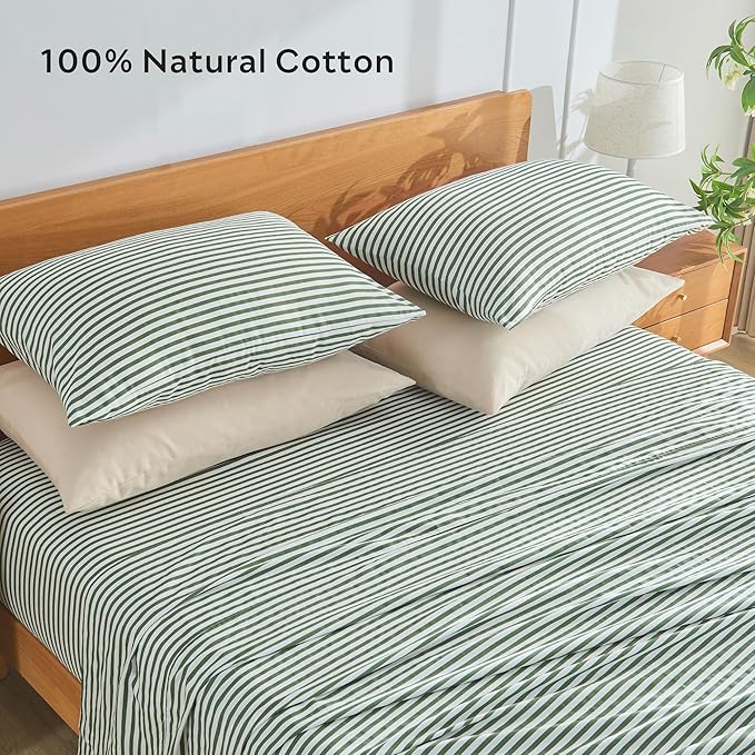 JELLYMONI 100% Natural Cotton Striped King Pillowcases Set, 2 Pack White and Green Stripes Pattern Printed Pillow Covers with Envelope Closure(Pillows are not Included)