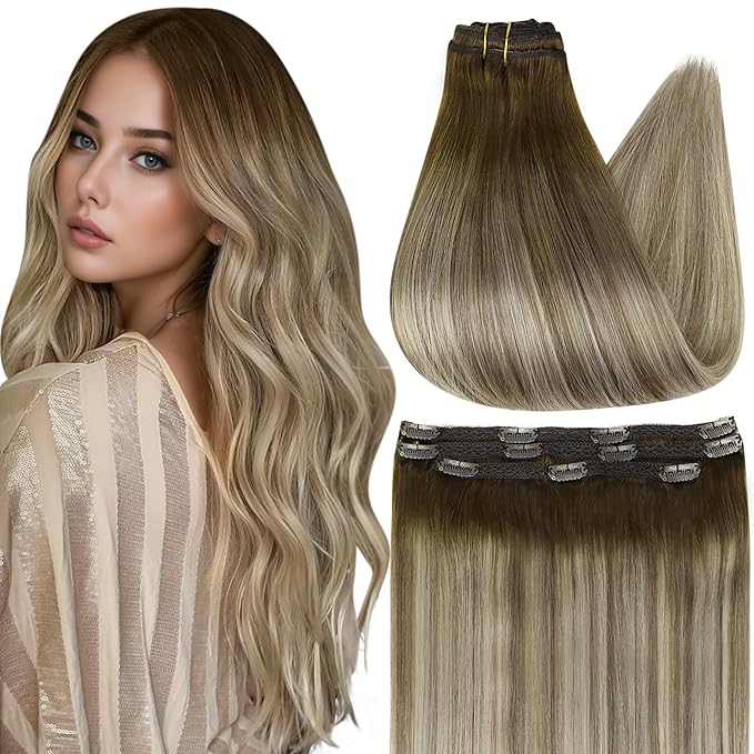 Full Shine Ombre Clip in Extensions Medium Brown to Ash Brown Mix Dirty Blonde 18 Inch Straight Clip in Hair Extensions Real Human Hair Invisible Lace Weft Clip ins Balayage Real Hair Extensions