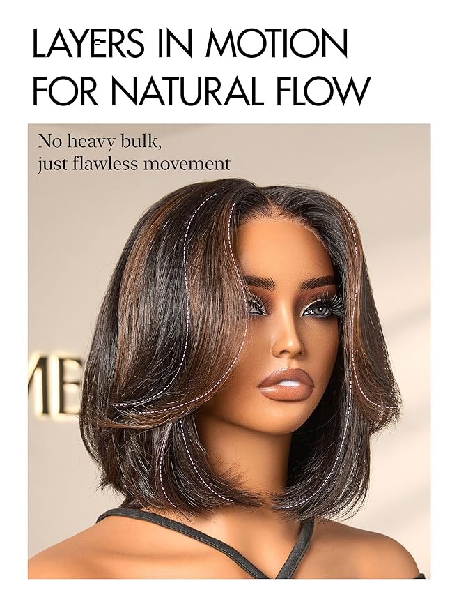 LUVME HAIR 5X5 Layered Cut Bob Wig 100% Human Hair Wigs Glueless 10 Inches Bob Pre Cut Plucked Lace Short Wig Ready To Go Bleached Knots Middle Part Brown Highlight Wigs