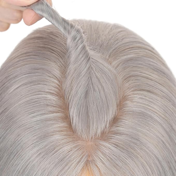Hairro Human Hair Toppers Free Parted, 3.5x4.7" Base Hand-wovened 100% Real Hairpieces, with Invisible Clips-in for Women, for High Hairline/Adding Volume on Top, 14 Inch Grey