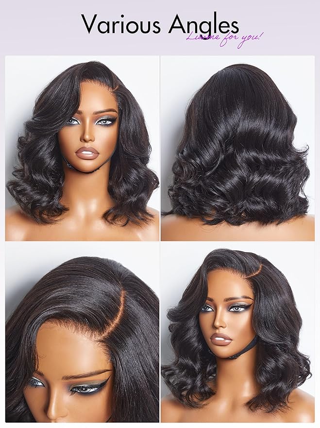LUVME HAIR 12 Inch Light Yaki Loose Wave Wig Gorgeous Human Hair, Undetectable HD Lace Glueless Bob Wigs Human Hair Pre Plucked, Pre Cut Lace Wig Short Natural Black Wig