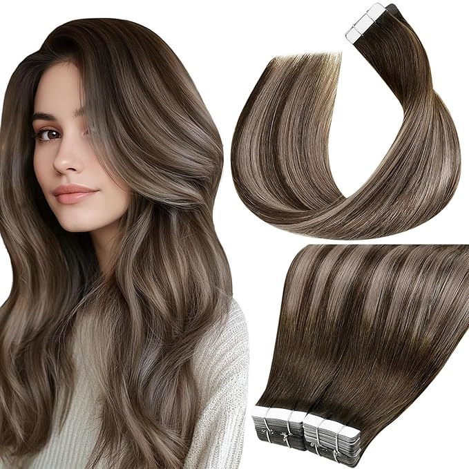 LaaVoo Tape in Hair Extensions Human Hair Balayage Brown to Caramel Blonde with Brown Tape in Extensions Real Human Hair22 Inch 40pcs 100g