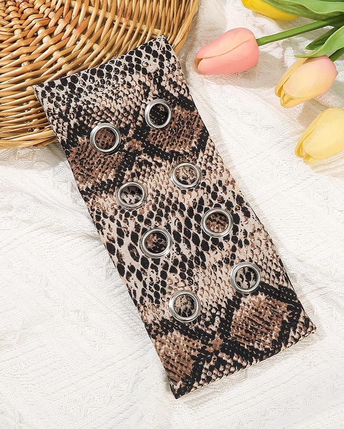 Grommet Headband for Women, Brown Snakeskin 23cm Hollow Out Elastic Hair Band, Eyelets Punk Grunge Stylish Hairband