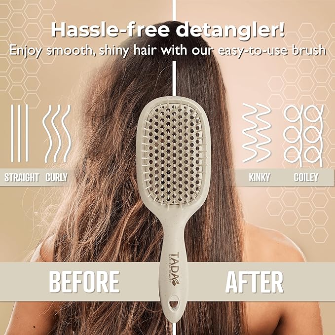 TADA Natural Beauty Hair Brush Detangler for Curly, Thick, Wavy, and Thin Hair - Ventilation Holes for Quick Drying and Styling, Detangler Brush for Women, Men, Kids (4 Colors) (Beige)
