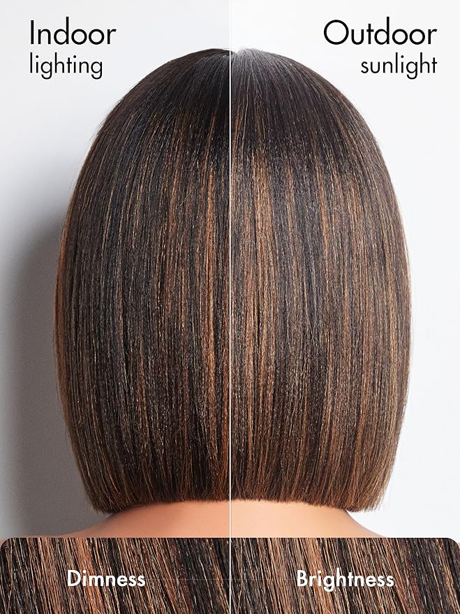 LUVME HAIR 10 Inch Yaki Straight Bob Wig with Bangs Human Hair Glueless HD Lace Bob Wig with Brown Highlights, Ready to Go Short Wigs For Women 180 Density (Breathable Cap)