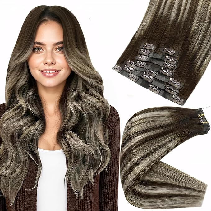 Full Shine Clip in Extensions for Women Dark Brown Balayage Seamless Hair Extensions Clip in Dark Brown Ombre Platinum Blonde Invisible Hair Extension 16 Inch 8 PCS 120G