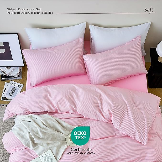 JELLYMONI 100% Natural Cotton Striped Standard Pillowcases Set, 2 Pack White and Thin Pink Striped Pattern Printed Pillow Covers with Envelope Closure(Pillows are not Included)