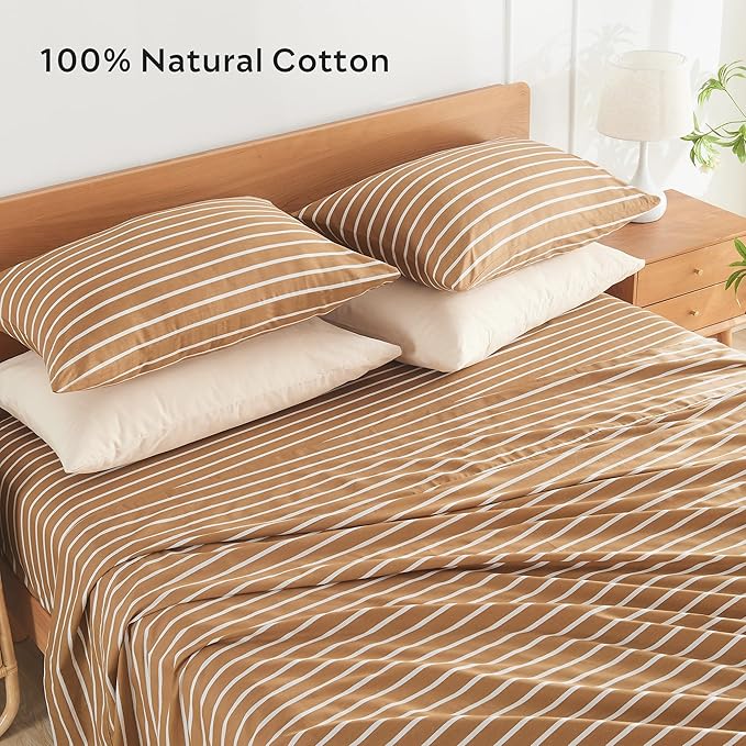 JELLYMONI 100% Natural Cotton Striped King Pillowcases Set, 2 Pack Rust and White Stripes Pattern Printed Pillow Covers with Envelope Closure(Pillows are not Included)