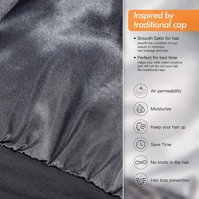 SilkySatin Lined Bonnet Sleep Cap - Adjustable Stay on All Night Hair Wrap Cover Slouchy Beanie for Curly Hair Protection for Women and Men - Black & Light Grey