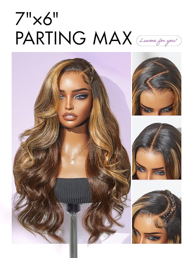 LUVME HAIR 7x6 HD Lace All-Day Comfort Wig 200% Density Hair PartingMax Lace Wigs Highlight Color Loose Body Wave Lace Front Wigs Human Hair Pre Cut Plucked Lace Frontal Glueless 26 Inches Mix Brown