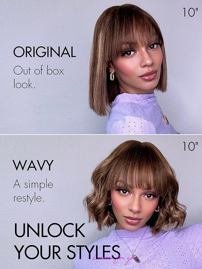 LUVME HAIR 10 Inch Yaki Straight Bob Wig with Bangs Ash Blonde Highlights Blunt Cut Bob Wig Human Hair Glueless HD Lace Bob Wig Ready to Go Short Wigs For Women 180 Density (Breathable Cap)