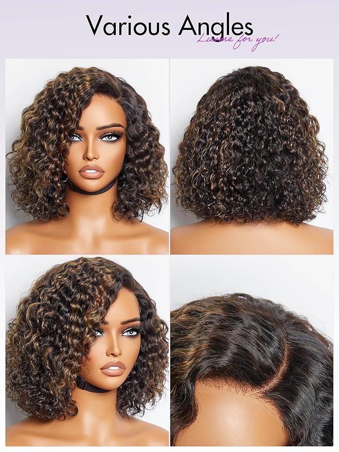 LUVME HAIR 10" Curly Glueless Wigs Human Hair Pre Plucked Pre Cut, Undetectable HD Lace Curly Bob Wig Human Hair Short Black Wig with Blonde Highlights Ready to Go Wig 180 Density