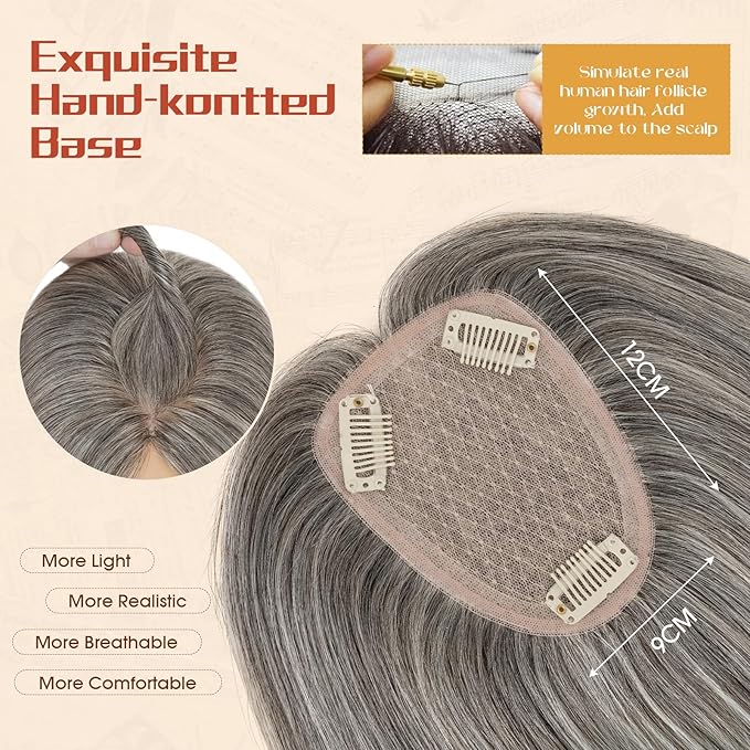 Rich Choices Human Hair Toppers for Women-100% Real Remy Hair Topper No Bang-Upgraded 150% Density 9 * 12CM Lace Base-Clip in Hairs Topper for Thinning Hairs-12Inch #G2 Grey