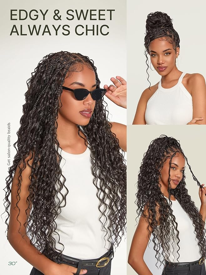 Frodio Braided Wig Veralux™ Fiber Full Lace Boho Curly Water Wave Synthetic Box Braided Wigs For Black Women Salon-Level 200% Density Bohemia Natural Scalp 30 Inches
