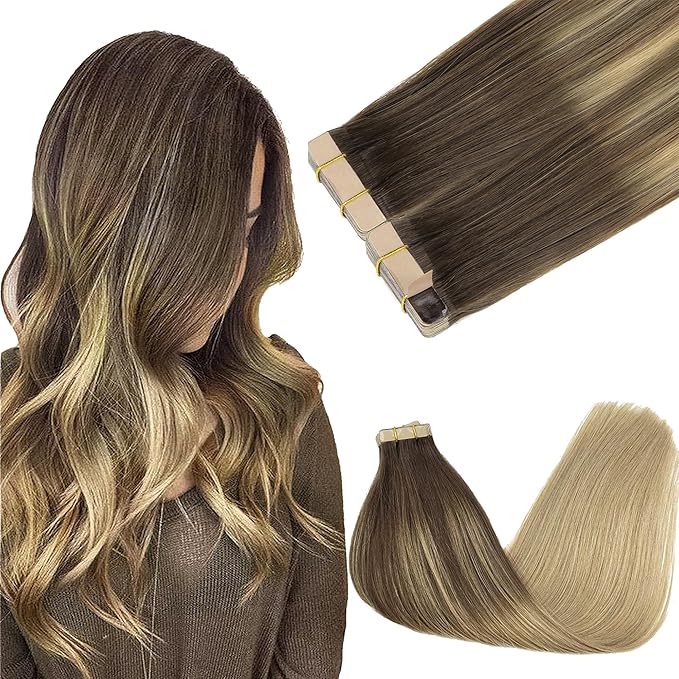 GOO GOO Tape in Hair Extensions Human Hair, 4/18 Balayage Chocolate Brown Highlighted Dirty Blonde, 20inch 100g 40pcs, Skin Weft Seamless Invisible, Silky Straight with Thick Ends, Remy Human Hair