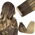 GOO GOO Tape in Hair Extensions Human Hair, 4/18 Balayage Chocolate Brown Highlighted Dirty Blonde, 18inch 100g 40pcs, Skin Weft Seamless Invisible, Silky Straight with Thick Ends, Remy Human Hair