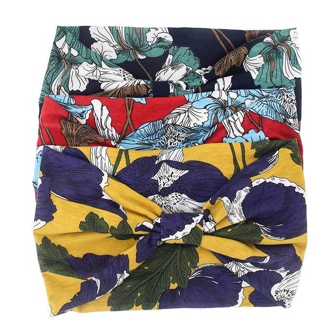 Yeshan Boho Bandeau headbands for Women Wide Bandana Knot Hair Scarf Floral Printed African Hair Bands Elastic Turban Thick Head Wraps Stretch Cotton Head Bands,Pack of 6
