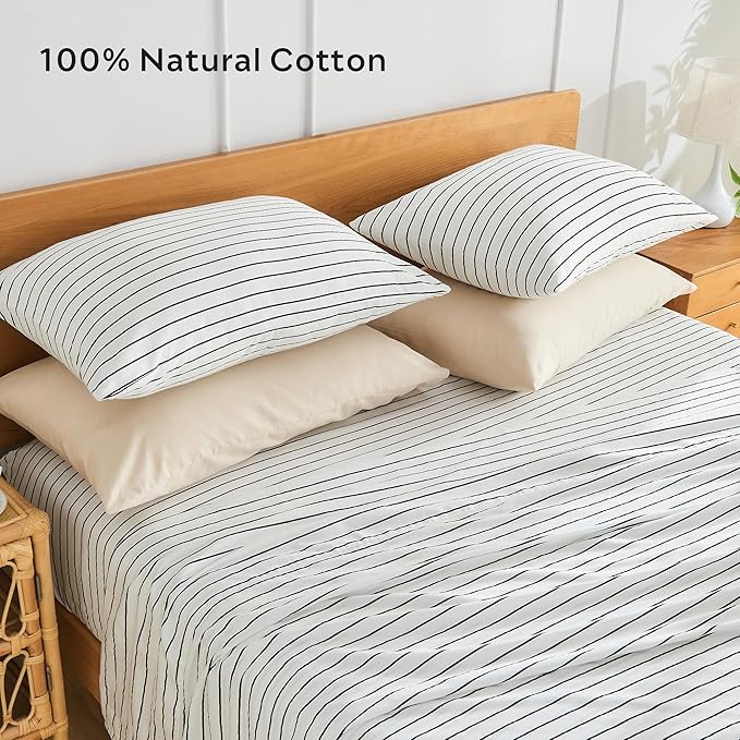 JELLYMONI 100% Natural Cotton Striped King Pillowcases Set, 2 Pack White with Thin Black Stripes Pattern Printed Pillow Covers with Envelope Closure (Pillows are not Included)