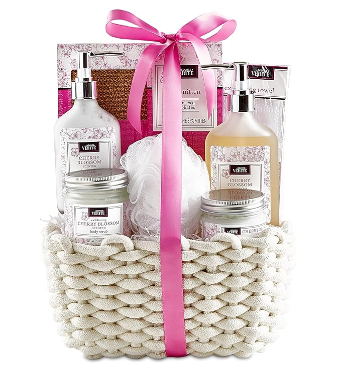 Source Verite Cherry Blossom Spa Gift Set for Women, 7 Piece Relaxation Kit with Bath Essentials, Luxury Self-Care, Whole Body Skin Care, Calming Gifts for Birthday, Mother’S Day, Thank You