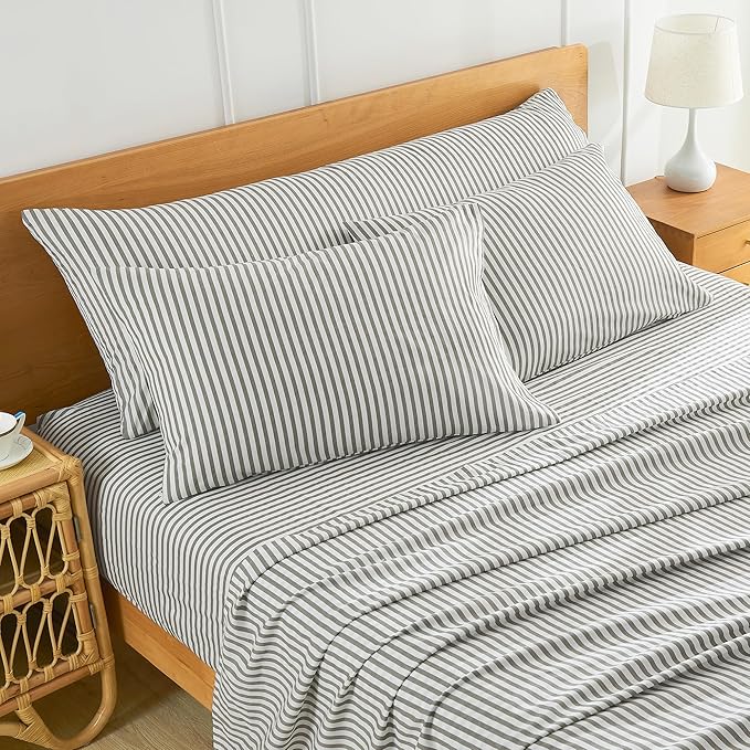 JELLYMONI 100% Natural Cotton Striped Body Pillowcase, 1 Pack White and Grey Vertical Stripes Pattern Printed Pillow Covers with Envelope Closure(Pillows are not Included)