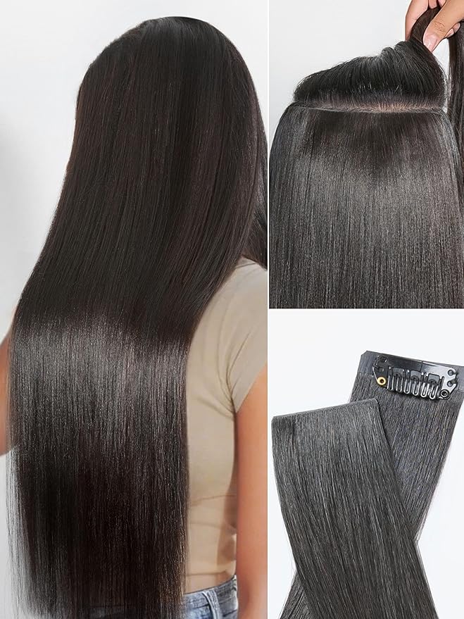 LUVME Invisible Clip in Hair Extensions, Yaki Straight Real Human Hair 14 Inch 2 Pack 220g 12pcs Clip ins Hair Extensions Natural Black for Women
