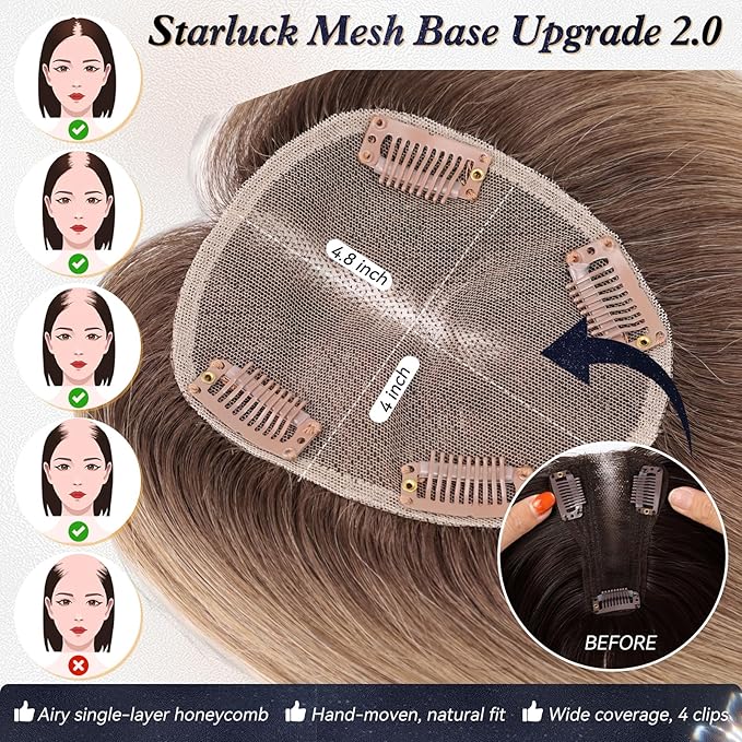 starluck Hair Toppers for Women Real Human Hair With Bangs, 100% Remy HumanHair Toppers for Women Hand-woven with Thinning,Cover Gray Roots,Adds Volume,Ombre Ash Blonde