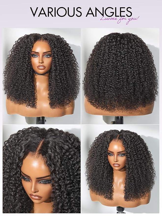 LUVME HAIR 5X5 Kinky Curly 200% Human Hair Wigs Glueless Lace Front 18 Inches Pre Cut Plucked Hd Lace Wig Ready To Go Natural Color Flexi-Fit Drawstring Cap Bleached Knots Black Wigs
