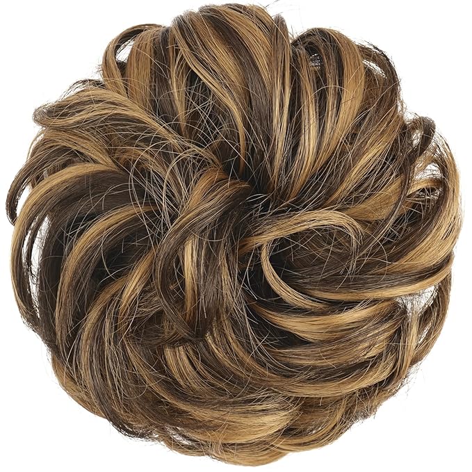 FESHFEN Messy Bun Hair Piece - Elastic Wavy Curly Hair Bun Scrunchies Extensions Synthetic Chignon Hairpieces for Women Girls, Brown Highlighted Caramel Blonde 1.5 oz