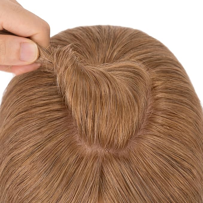 Hairro Human Hair Toppers Free Parted, 3.5x4.7" Base Hand-wovened 100% Real Hairpieces, with Invisible Clips-in for Women, for High Hairline/Adding Volume on Top, 12 Inch Blondish Brown