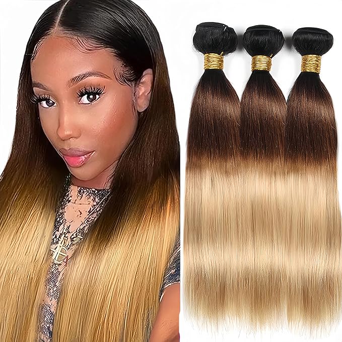 Ombre Bundles Human Hair Brown Straight Bundle Brazilian Virgin Remy Hair 3 Bundles 24 26 28 Inch Niegmeag Double Weft 3 Tone Brown and Honey Blonde Straight Bundle Hair Weave 300g