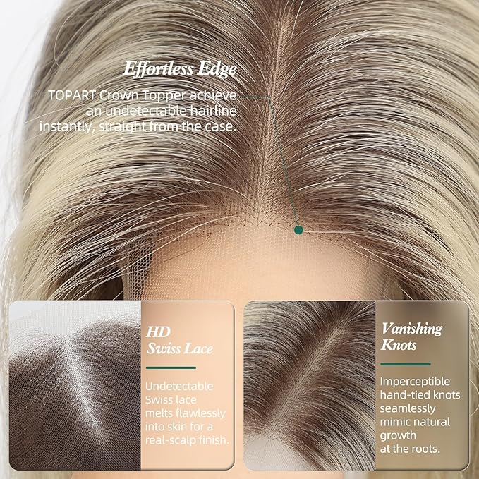 Full Hand Tied Hair Toppers for Women Remy Human Hair Lace Front Topper 14 Inch 6"×6" Partial wig Cover Thinning Hair or Loss No Bangs Top Hair Pieces (Ombre Blonde)
