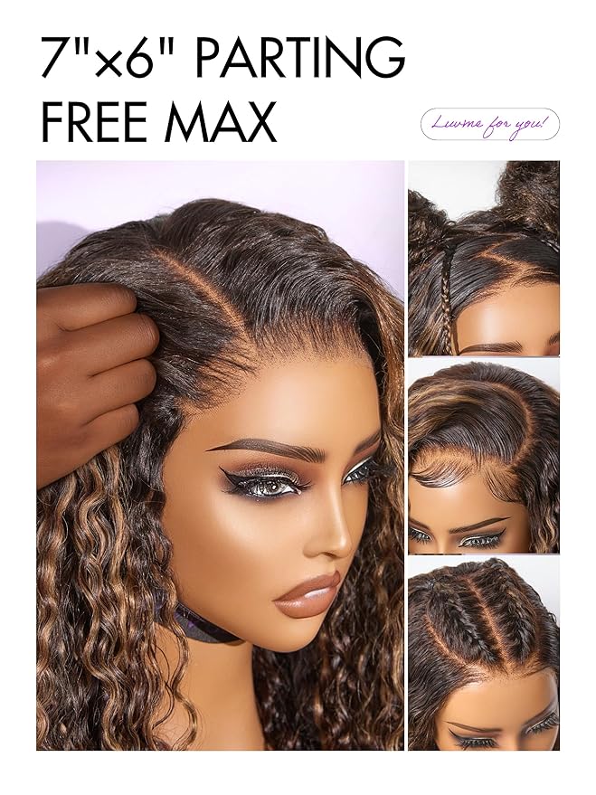 LUVME HAIR 7x6 HD Lace All-Day Comfort Wig PartingMax Lace Wigs Water Wave Curly Lace Front Wigs Human Hair Pre Cut Plucked Lace Frontal Glueless 24 Inches Hlighlight Color